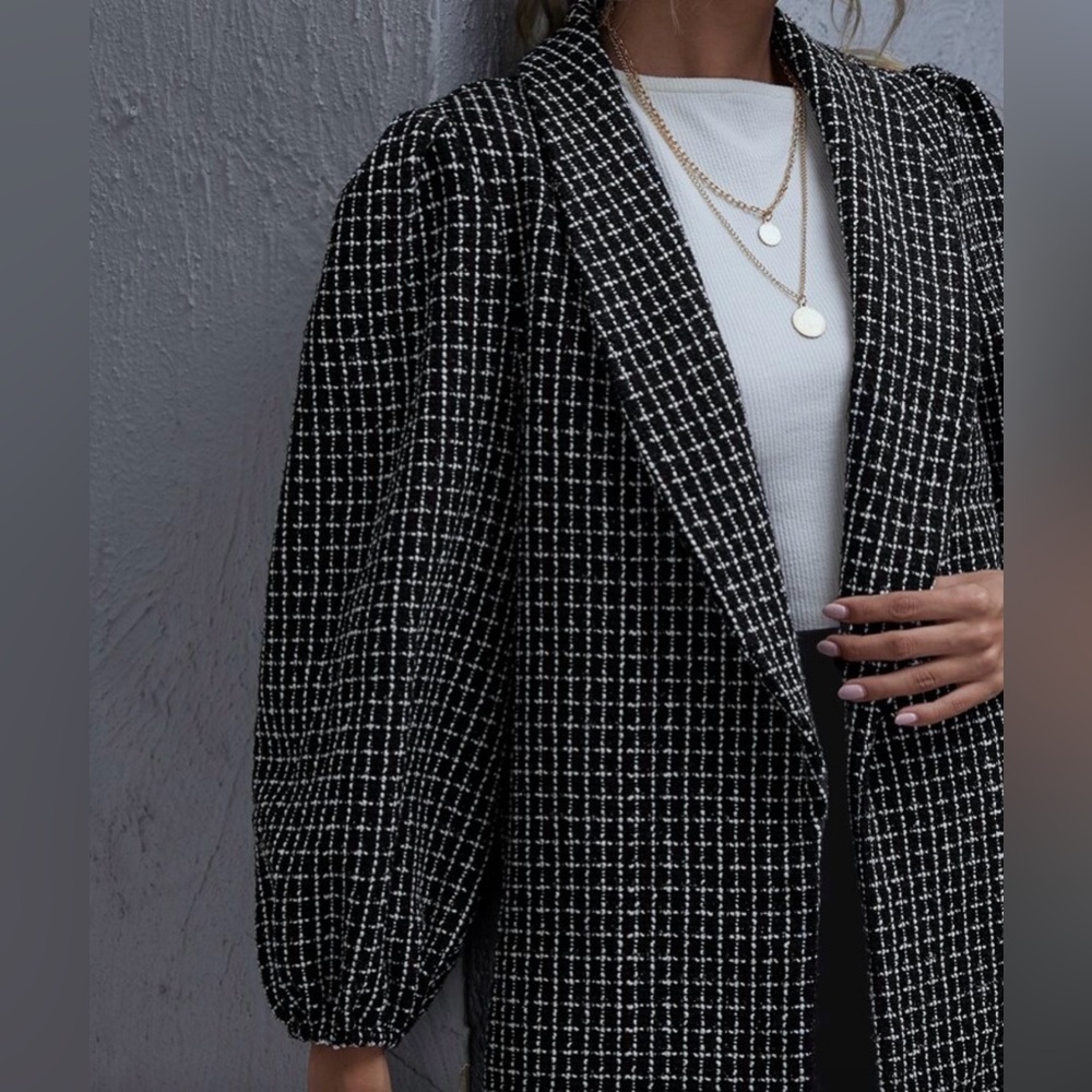 SHEIN Shawl Neck Lantern Sleeve Tweed Coat